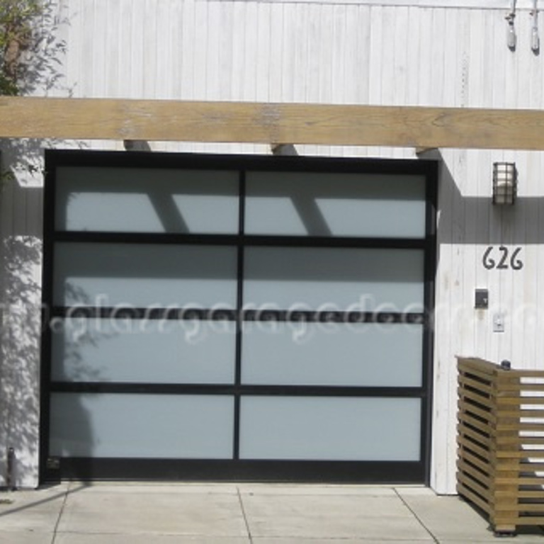 Stylish black glass garage door located on 27th street, San Francisco, showcasing urban architecture and design.