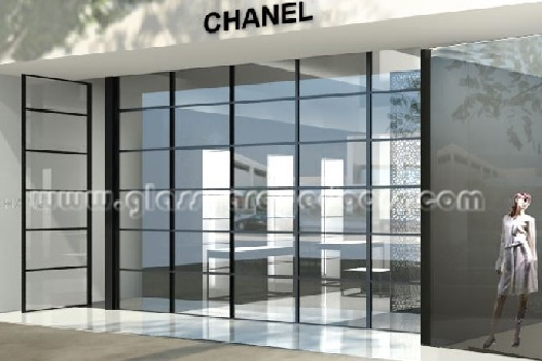 Insulated Glass Garage Door with black frame and clear glass in luxury retail store 