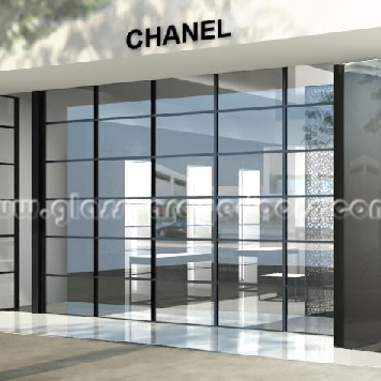 Insulated Glass Garage Door with black frame and clear glass in luxury retail store 