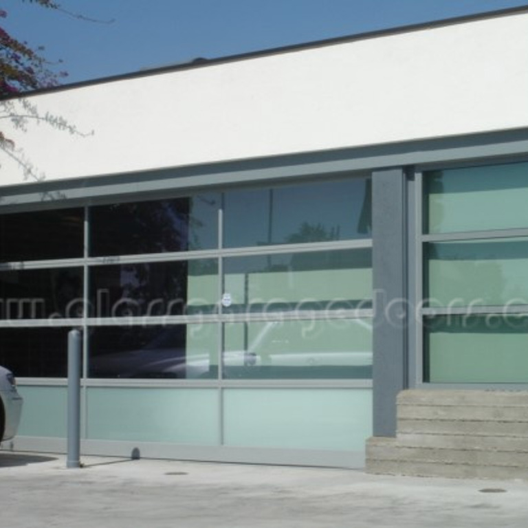 Contemporary glass garage door featured on a home along Centinela Avenue, Los Angeles, California