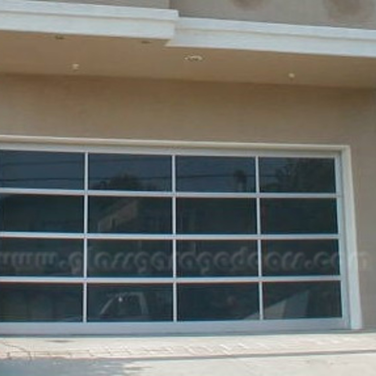 Elegant glass garage door in Redondo Beach, California, showcasing sleek lines and a sophisticated residential aesthetic