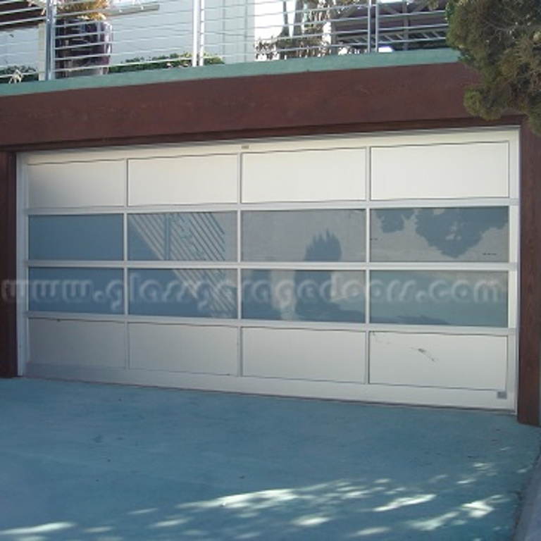 Anodized aluminum garage door with white glass in San Diego California