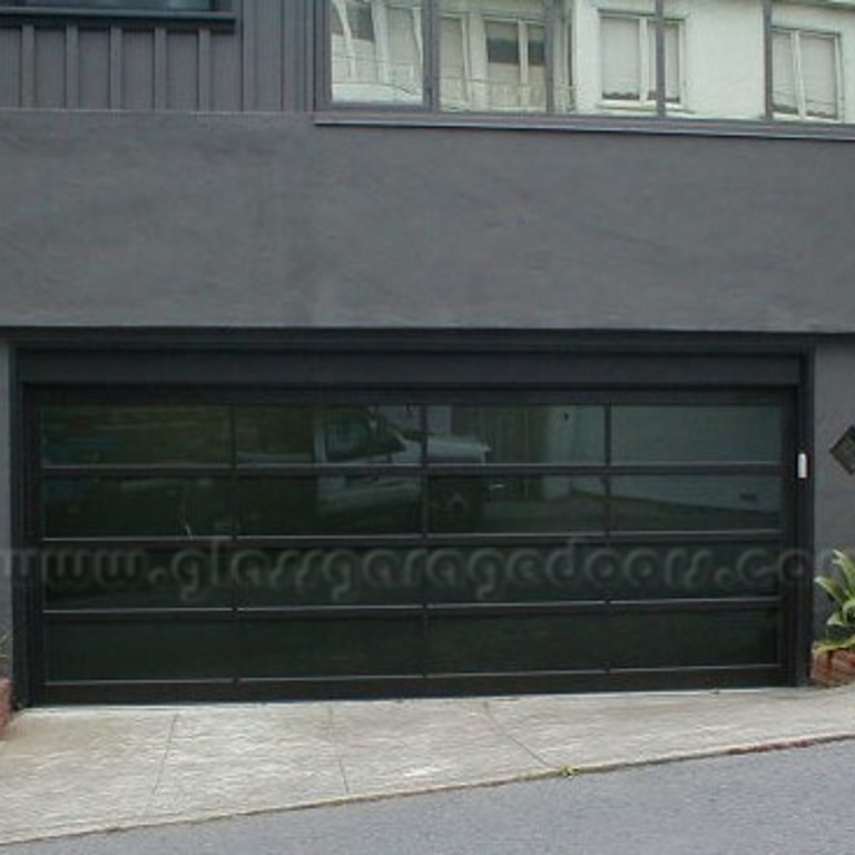 Elegant black glass garage door in a residential home on Twin Peaks Blvd, San Francisco, California 94114